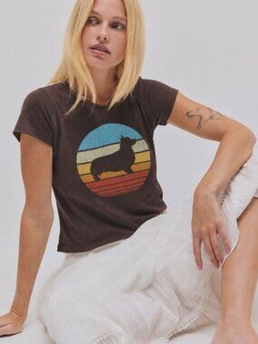 Brown Tee with Vintage Retro Corgi Sunset Graphic Dog Lover T-shirt